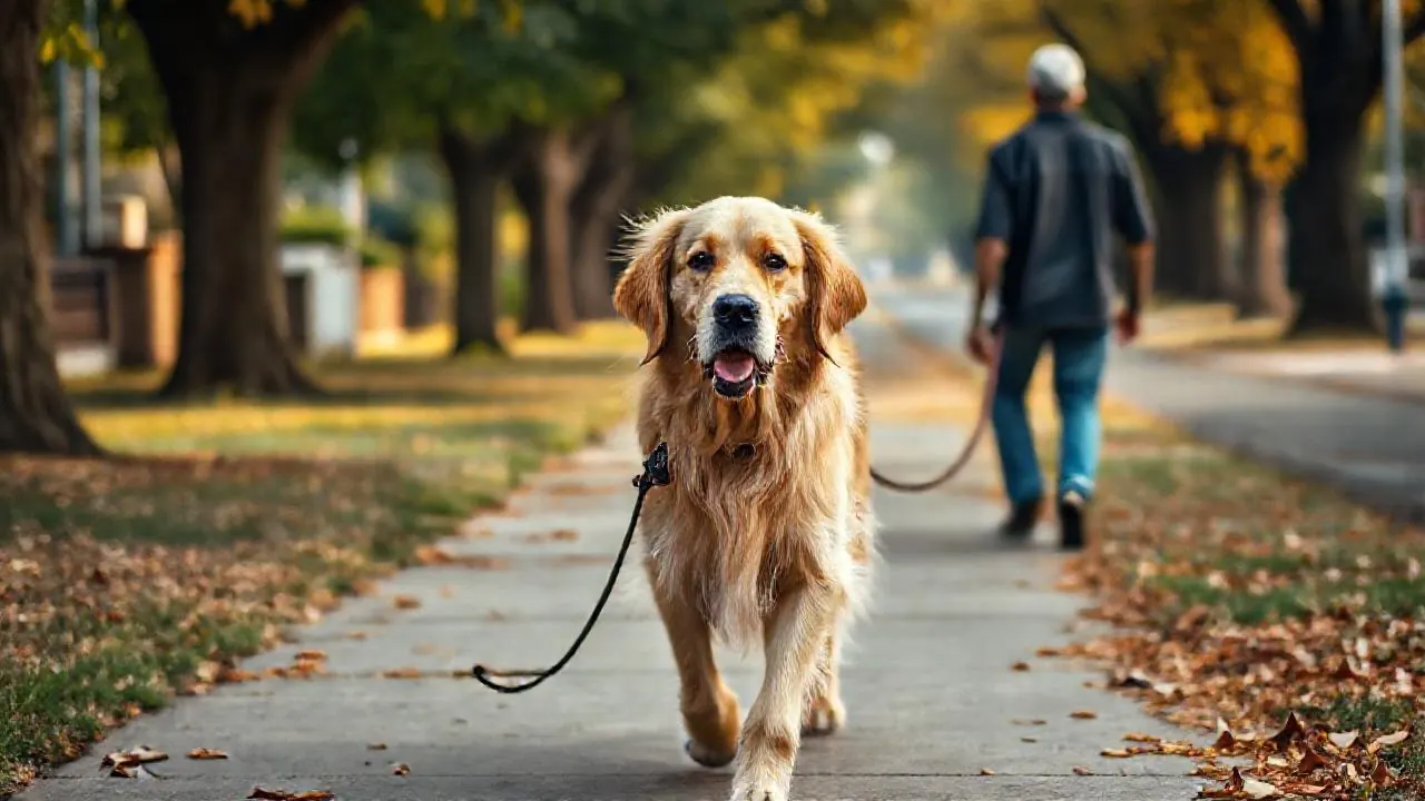 A golden retriever on an autumn walk with its owner, a breed central to dog cancer rates research