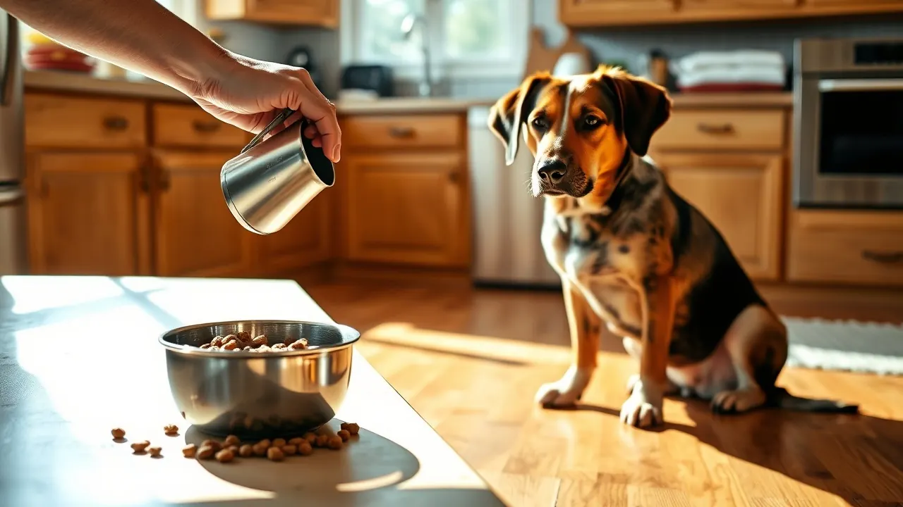 An owner measures kibble for a mixed-breed dog at home, a step against the US dog obesity rate