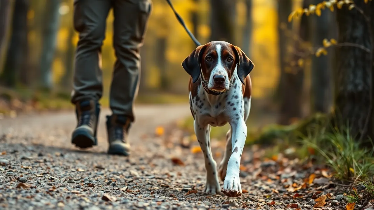 A German Shorthaired Pointer trots beside its owner on a forest trail, linked to dog ownership health benefits
