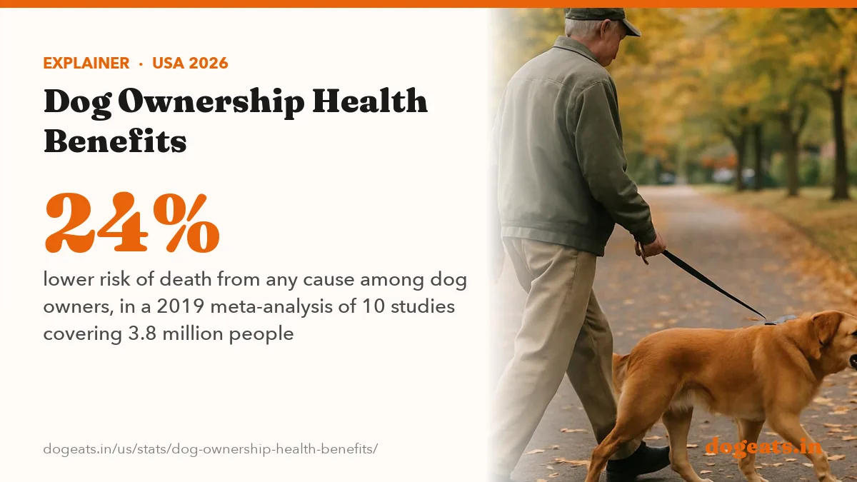 24% lower risk of death from any cause among dog owners, in a 2019 meta-analysis of 10 studies covering 3.8 million people
