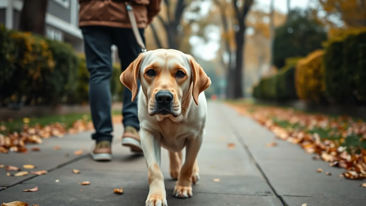 A Labrador walks on a loose leash beside an older owner, showing dog ownership health benefits and fall risks