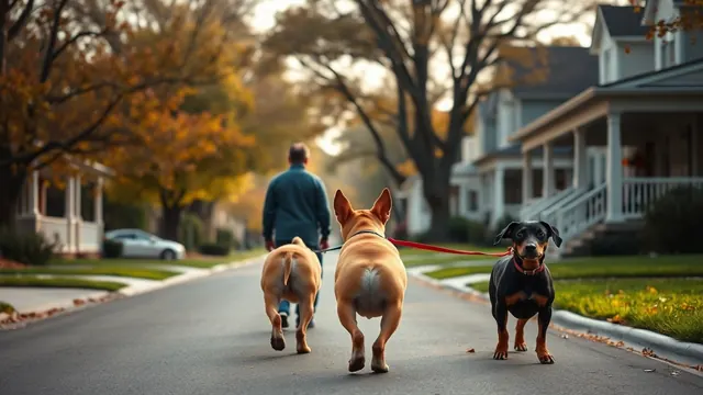 Three people walk a yellow Labrador, a fawn French Bulldog and a Dachshund along a leafy suburban street.