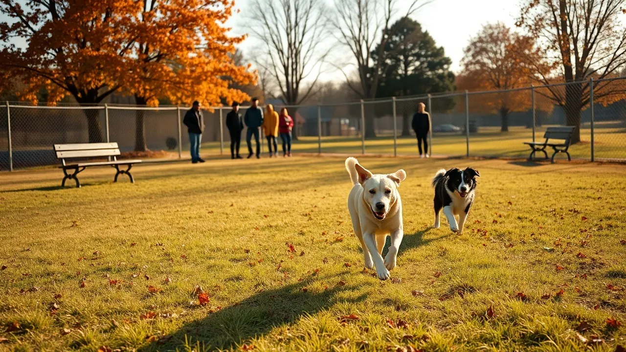 A yellow Labrador and a black and white Border Collie run across the grass in a fenced city dog park.