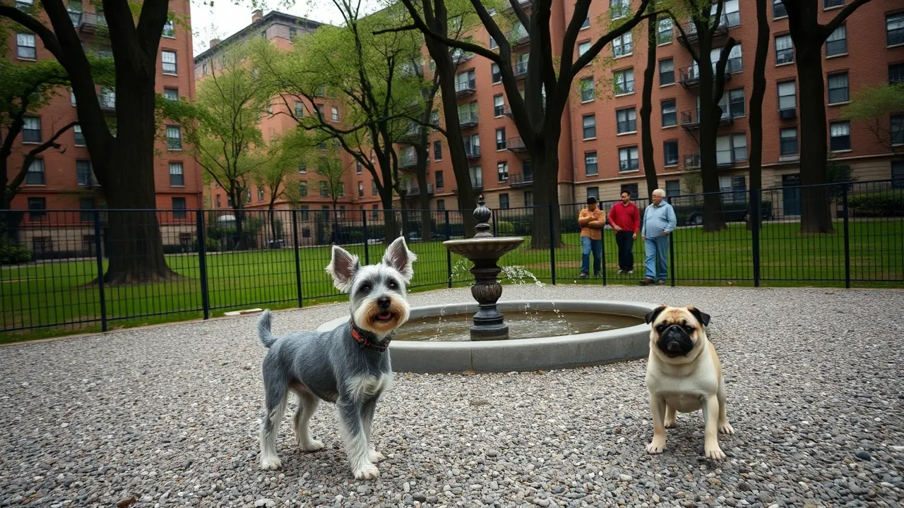 A Miniature Schnauzer and a fawn Pug play in a gravel dog run beside tall trees and brick buildings.