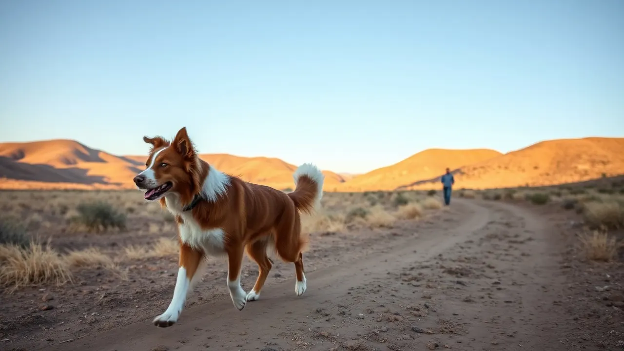 A red merle Australian Shepherd trots along a dirt path with golden Boise foothills behind it.