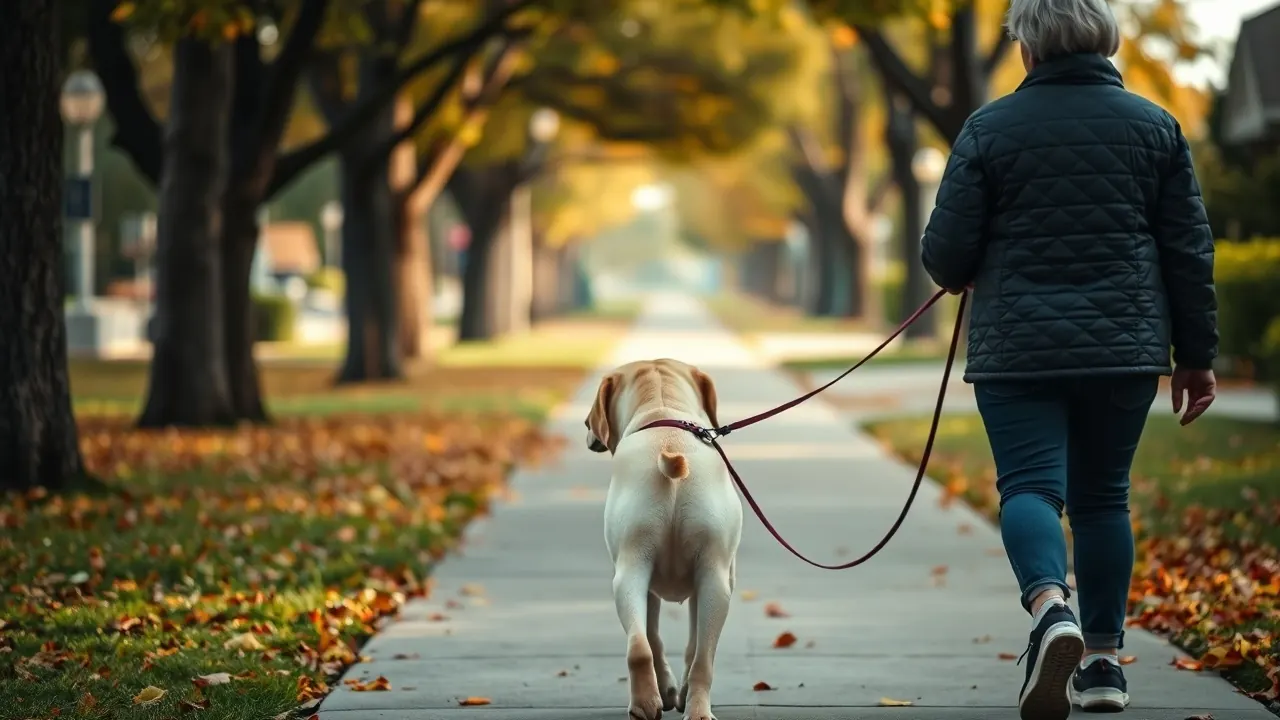 Older woman seen from behind walking a yellow Labrador on a loose leash along an autumn suburban sidewalk