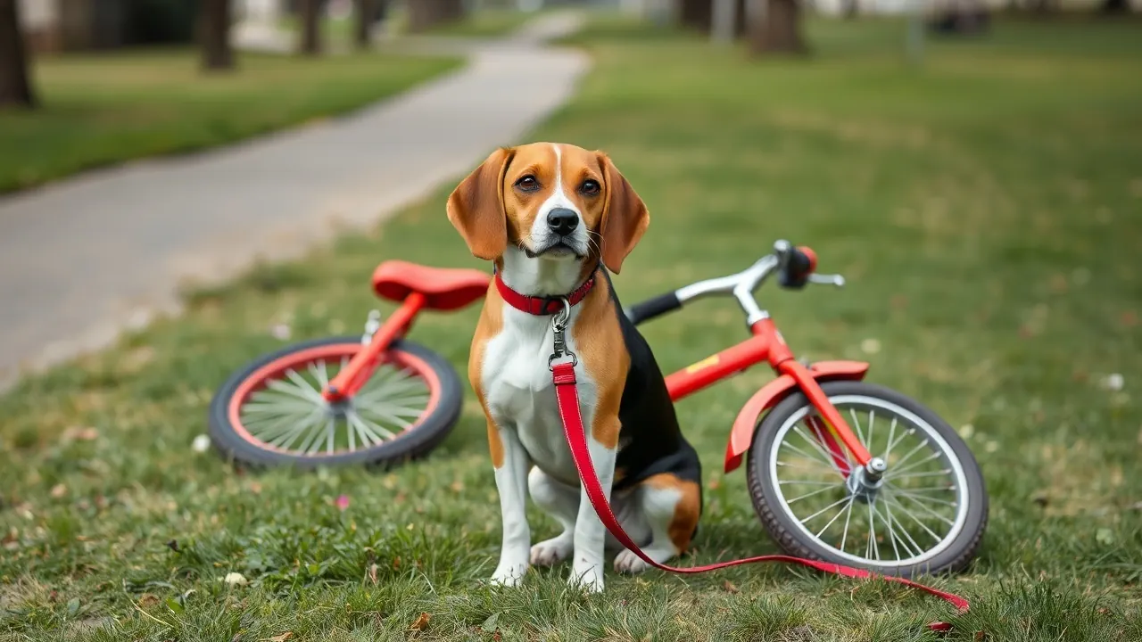 A beagle on a leash sits on the grass by a park path with a child's bicycle lying behind it