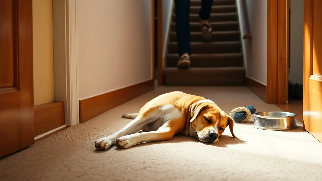 Brown and white dog lying across a hallway floor near the stairs as slippered feet step around it