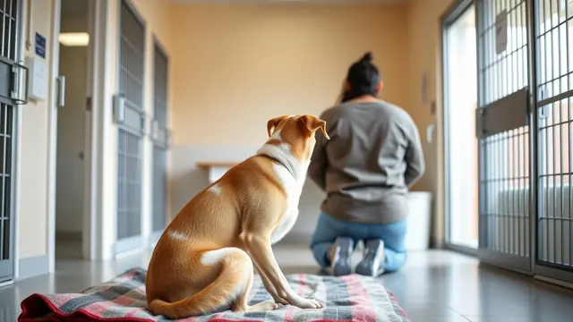 A calm tan and white mixed-breed dog sits on a blanket beside a kneeling shelter volunteer.