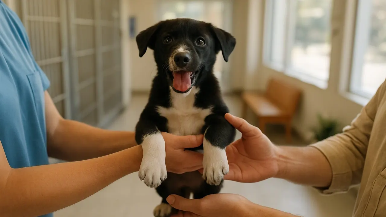 A shelter worker hands a black and white mixed-breed puppy to its new owner on adoption day