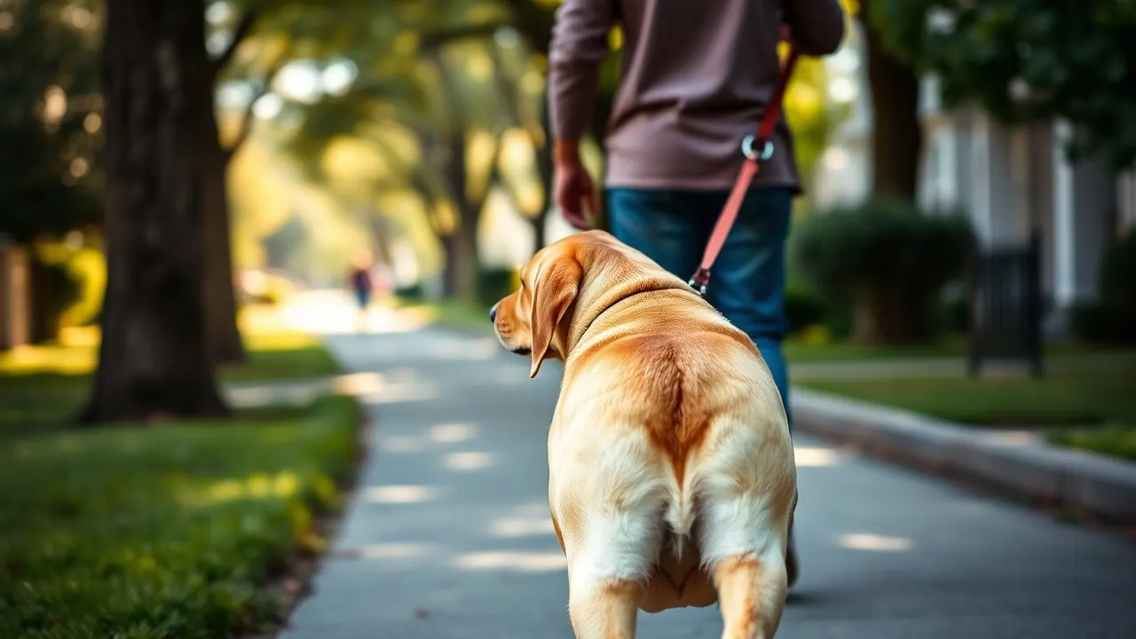 Yellow Labrador Retriever walking on a leash with its owner on a suburban sidewalk, for US dog statistics 2026