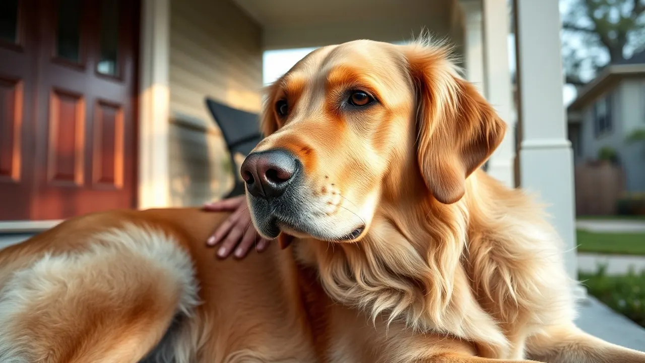 Senior Golden Retriever resting on a porch with its owner, a dog statistics image about US dog lifespan