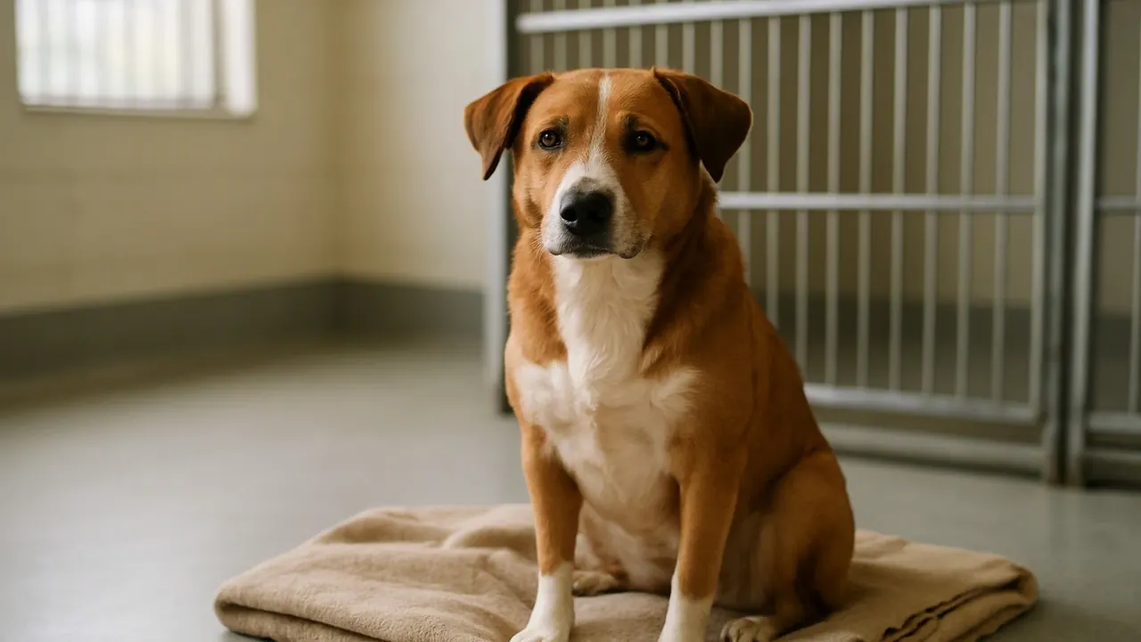 Calm mixed-breed dog waiting for adoption in a bright shelter room, illustrating US dog statistics on shelters