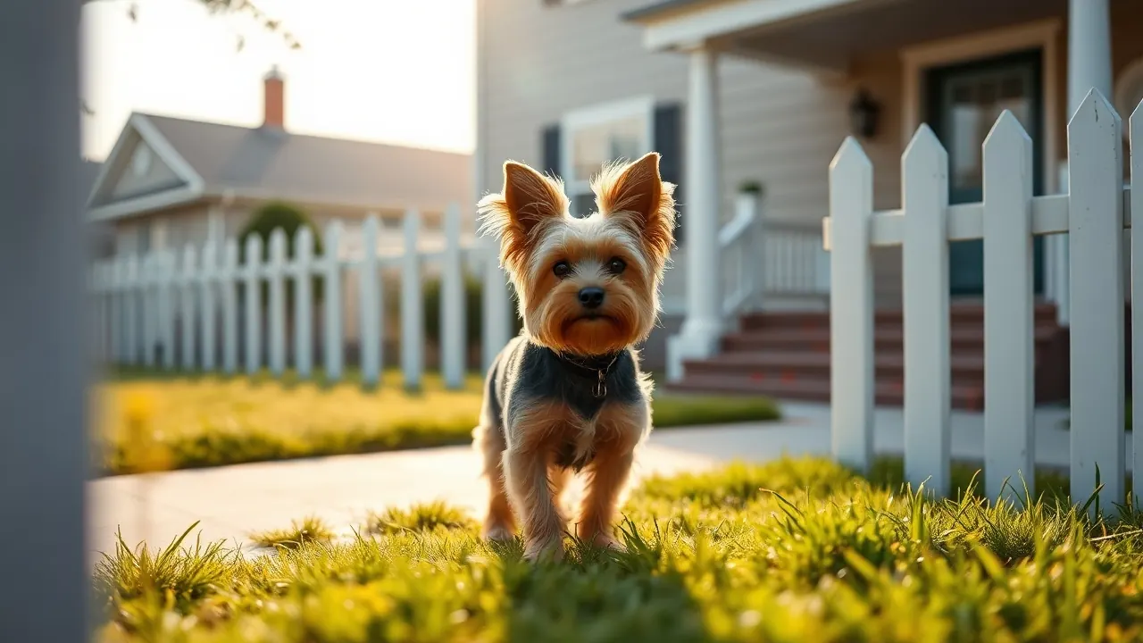 A Yorkshire Terrier stands alone in a fenced front yard, visible from the sidewalk through a low picket fence