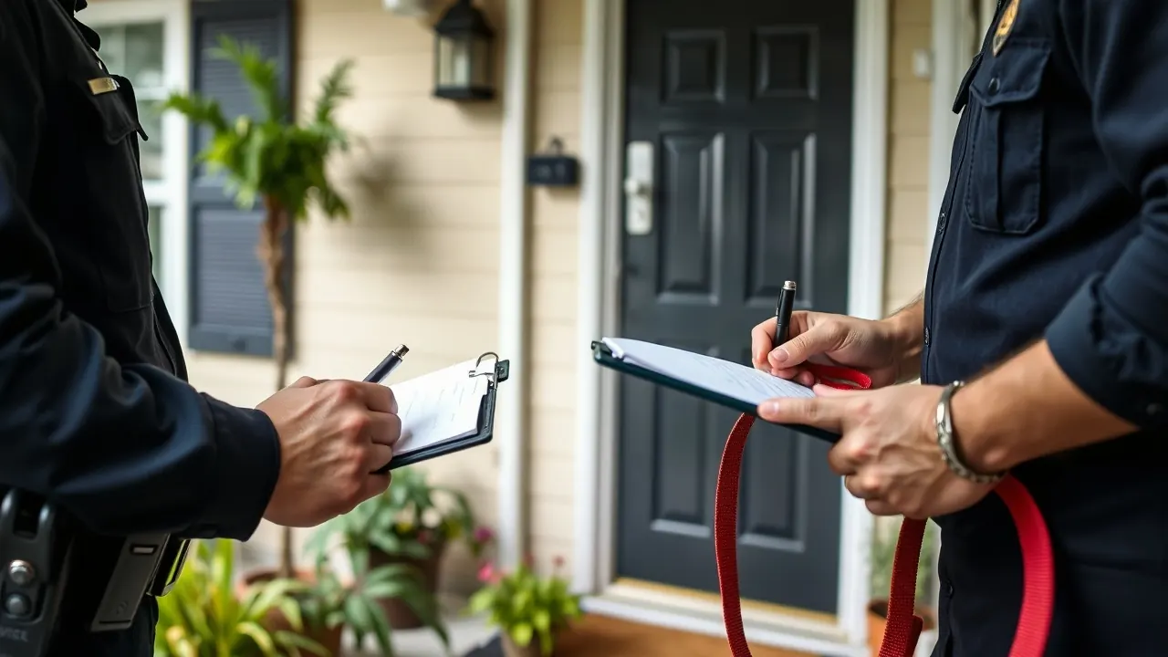 An officer's hands write on a clipboard at a front door as an owner holds an empty dog leash