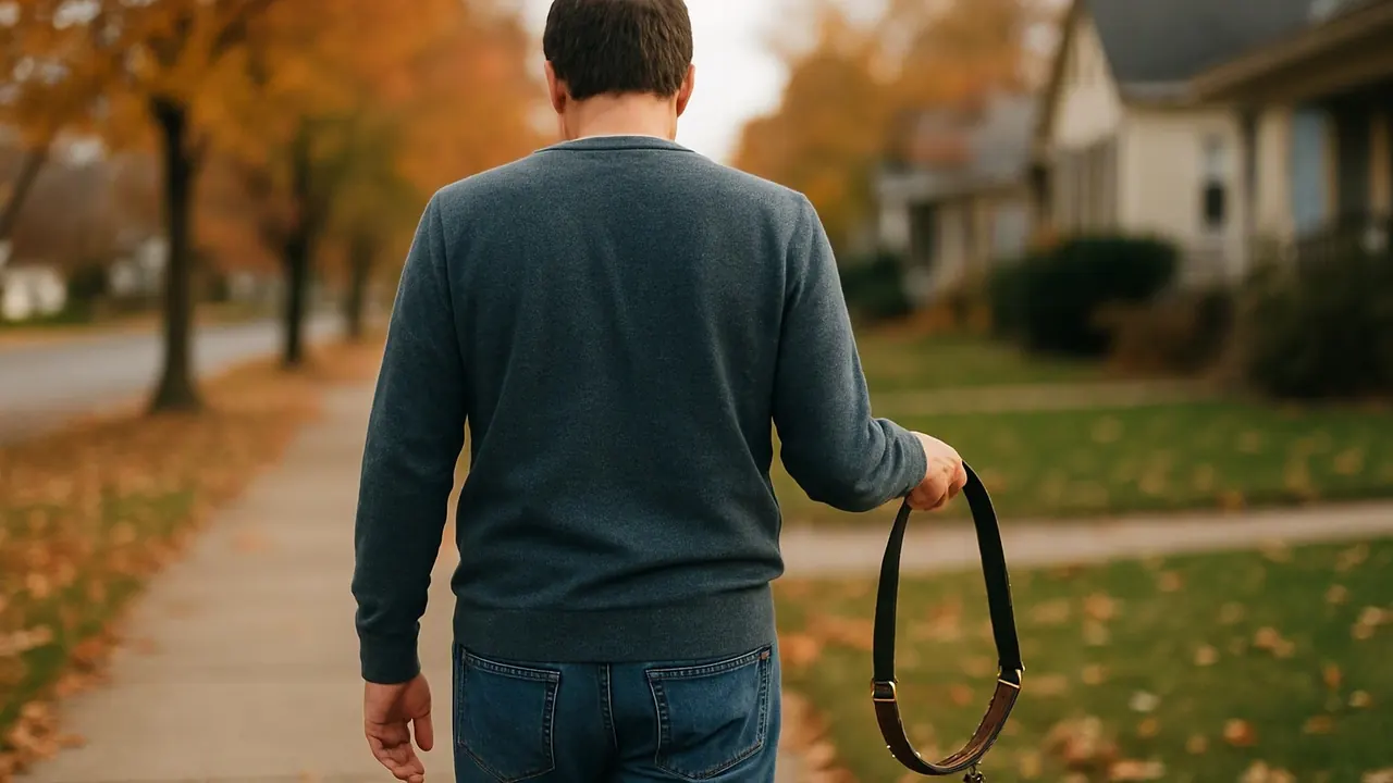 An owner walks down a suburban sidewalk holding an empty leash and collar after a dog goes missing