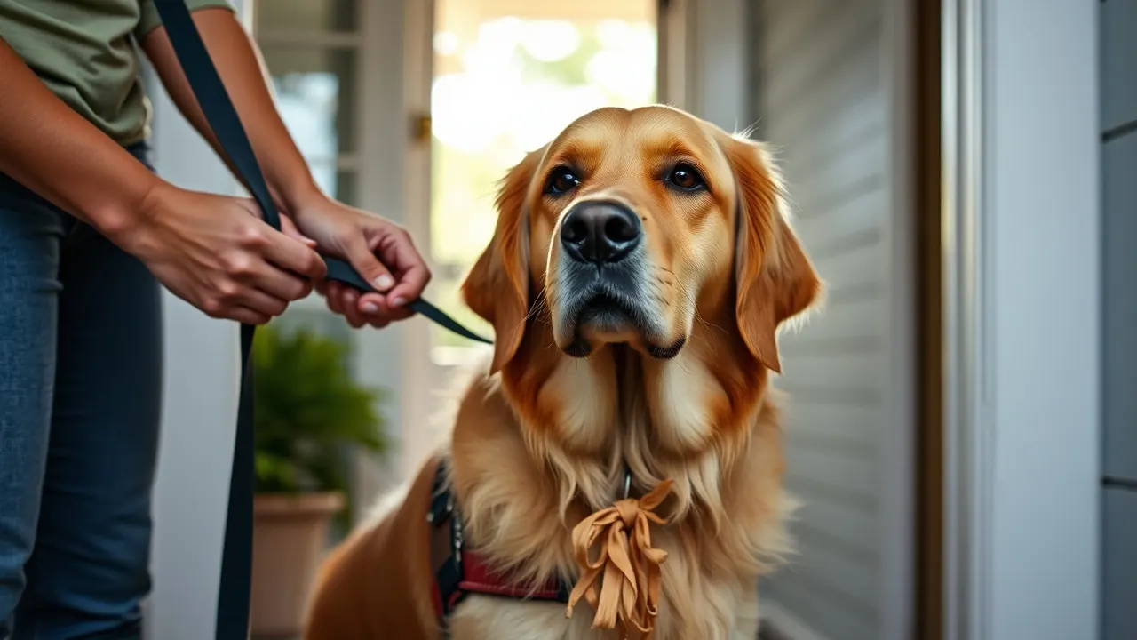 A pet sitter clips a leash on a golden retriever at a front door, showing dog sitter rates at work