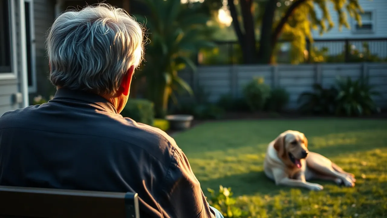 An older adult seen from behind sits near a resting Labrador, reflecting age data on dog attack deaths