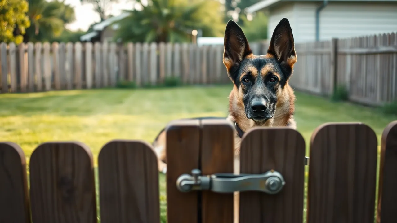 A closed backyard gate with a calm German shepherd on the lawn, linked to factors in fatal dog attacks