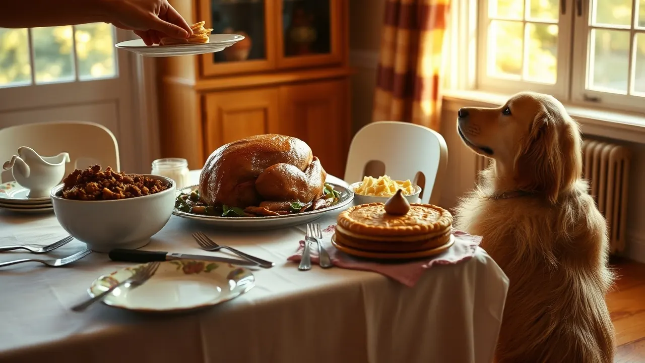 Golden retriever sitting beside a Thanksgiving table with turkey, stuffing, gravy, mashed potatoes and pie