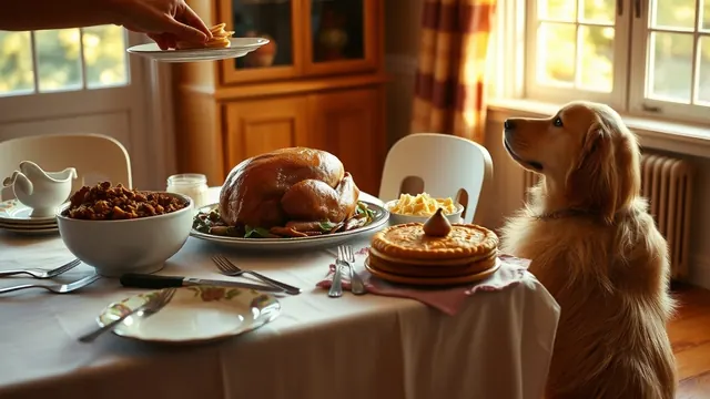 Golden retriever sitting beside a Thanksgiving table with turkey, stuffing, gravy, mashed potatoes and pie