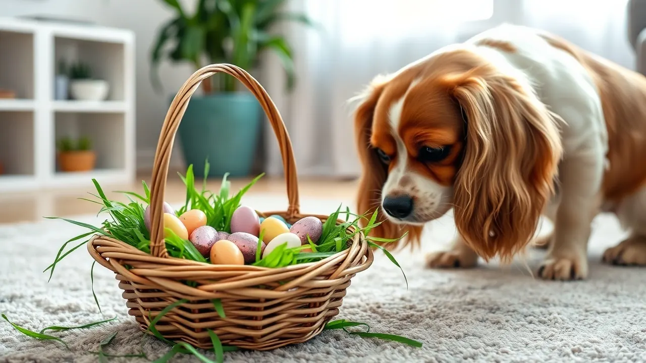 Cavalier King Charles Spaniel sniffing an Easter basket of plastic grass, chocolate eggs and jelly beans