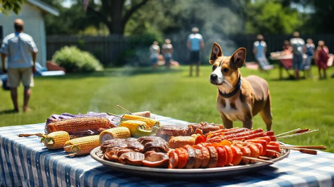 Brown and white dog standing on a backyard lawn watching a picnic table of corn, burgers and kebabs