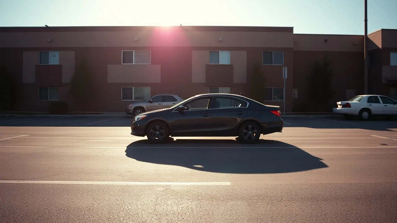 A dark sedan parked in full summer sun, showing why dogs left in hot cars laws exist