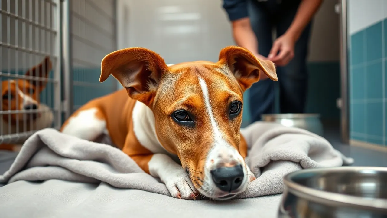 A calm mixed-breed dog rests in a bright shelter kennel, as fireworks lost dogs data show July intake rising