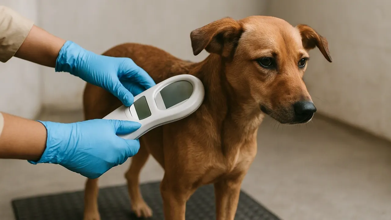 Gloved hands pass a handheld microchip scanner over the shoulders of a brown mixed-breed dog in a shelter