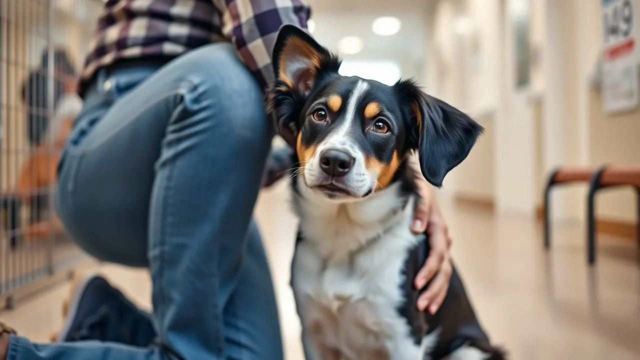 A black and white mixed-breed dog leans against a kneeling owner in a bright animal shelter lobby