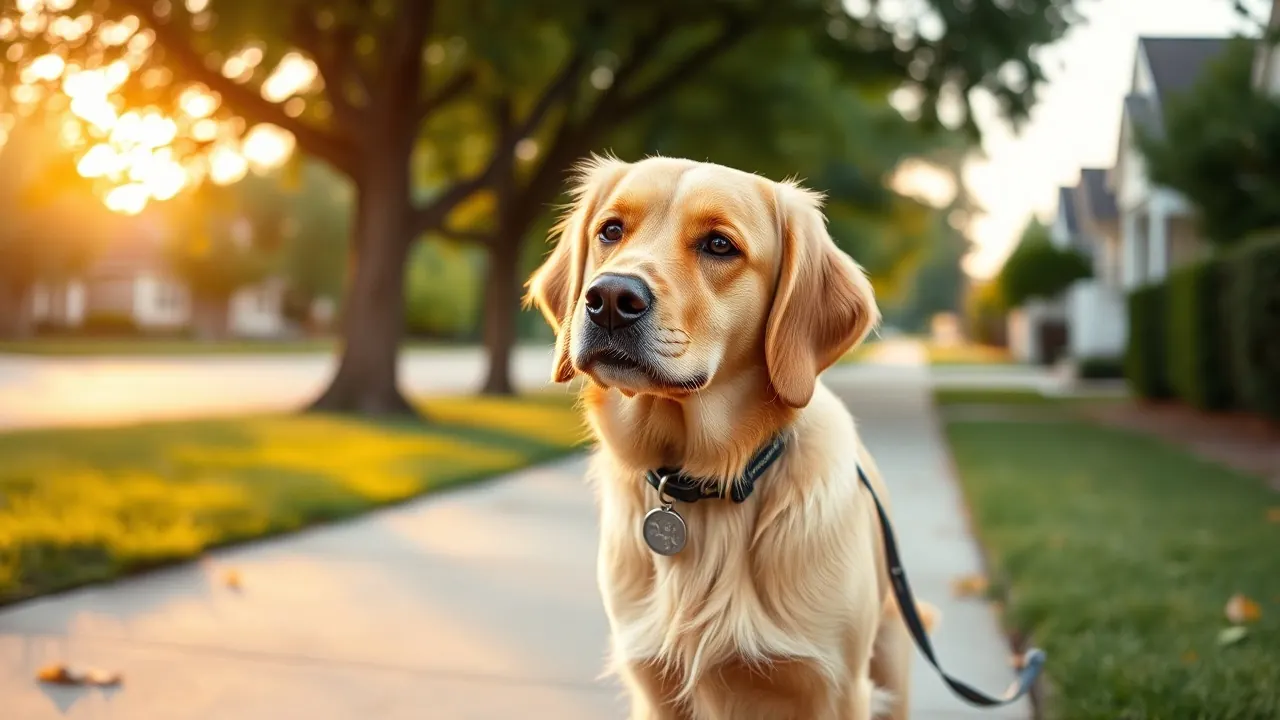 A golden retriever wearing a collar with a round metal tag stands on a suburban sidewalk