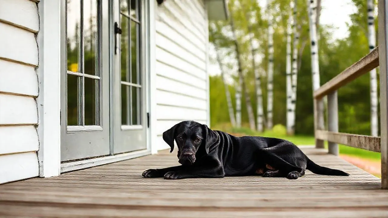A black Labrador rests on a Maine farmhouse porch, reflecting Maine's top rank among dog-friendly states