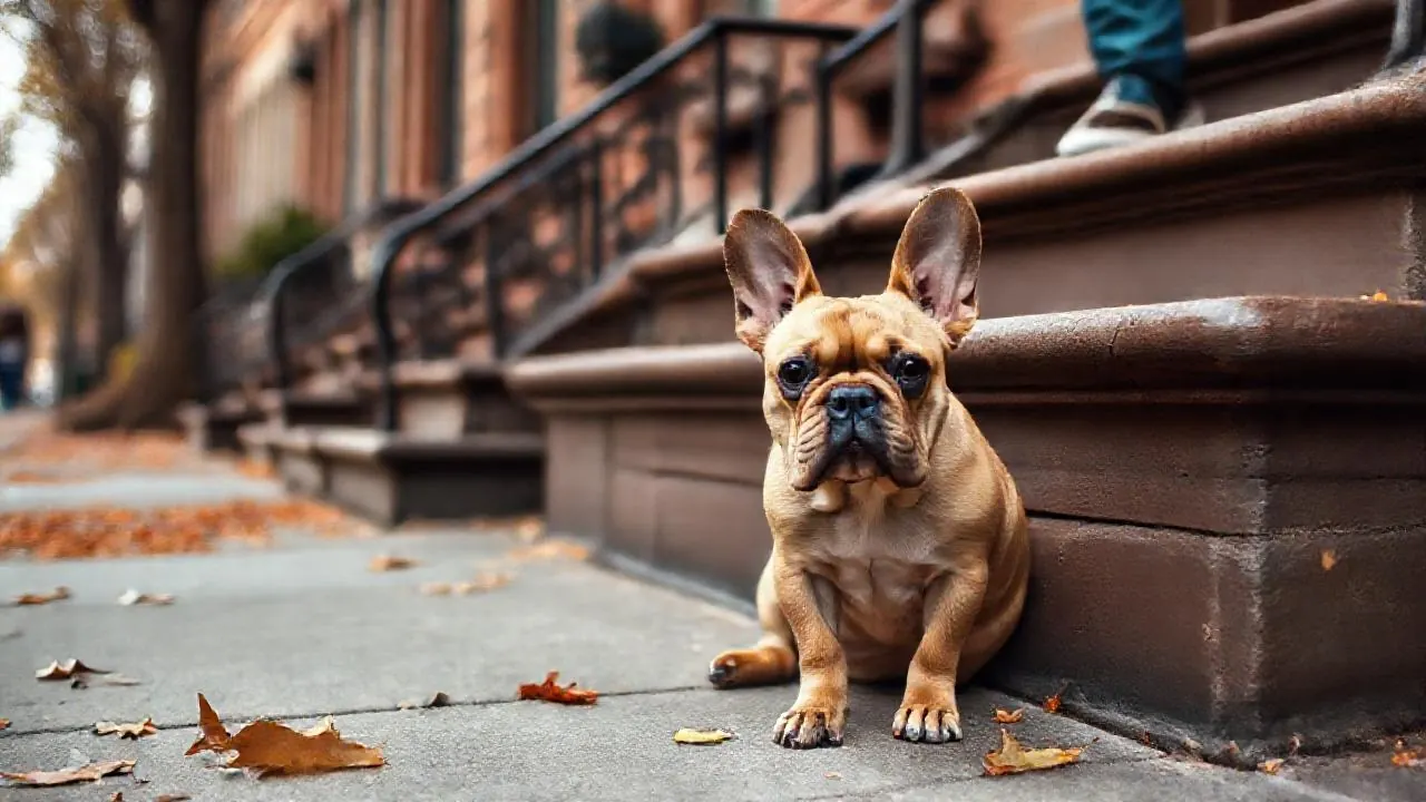 A fawn French Bulldog by brownstone steps, the most popular dog breed by city in AKC data.
