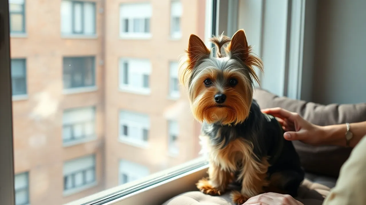 A Yorkshire Terrier on a sunny apartment window seat, a top dog breed by state in New York and Georgia.