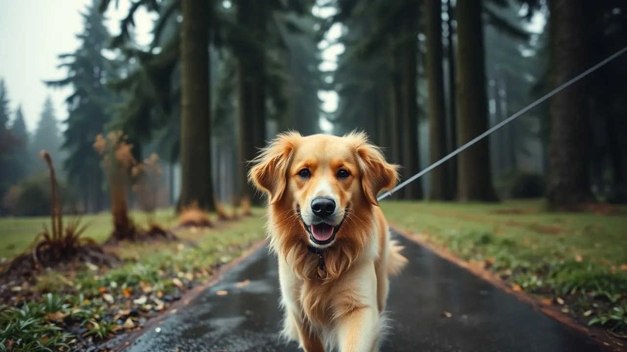 A Golden Retriever on a misty park path in the Pacific Northwest, one top dog breed by state.