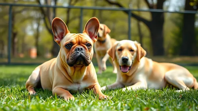 A fawn French Bulldog sits beside a resting yellow Labrador in a sunny dog park, a Golden Retriever behind.