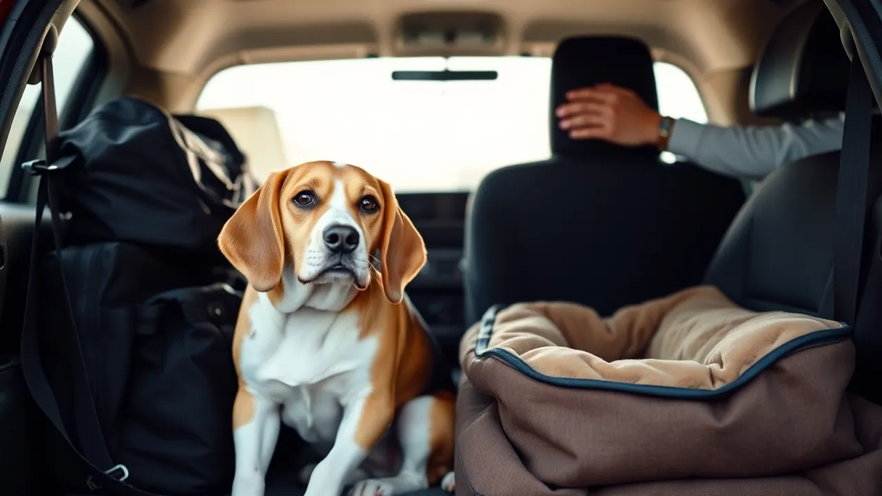 A beagle waits in a car beside a packed bag, a reminder that pet custody in divorce affects millions