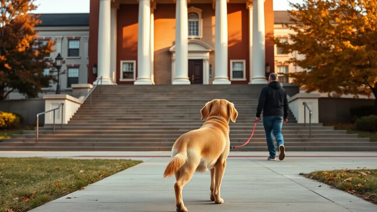 A person walks a golden retriever past a county courthouse, a scene for pet custody laws by state