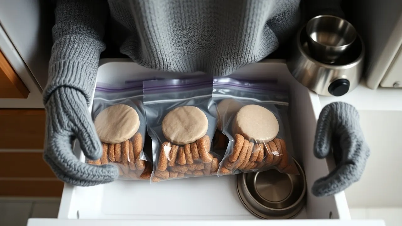Gloved hands sort plain frozen pet food patties from a freezer drawer next to a steel dog bowl