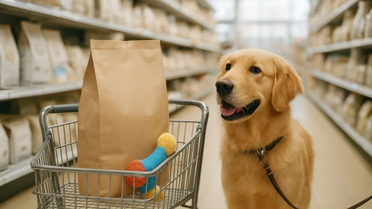 A golden retriever on a leash stands beside a shopping cart with a bag of dog food in a pet store aisle