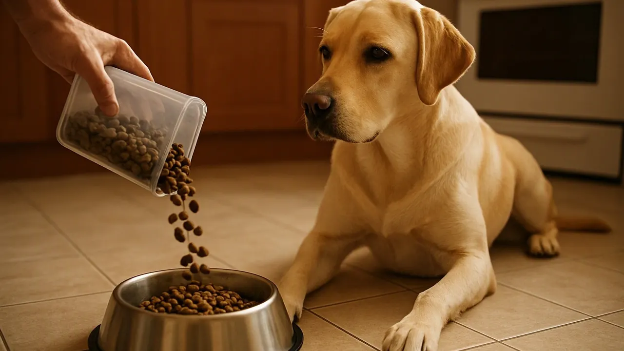 A yellow Labrador sits and waits while dry food is poured into its bowl in a home kitchen