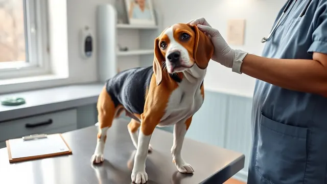A veterinarian's gloved hands check the ear of a calm Beagle on an exam table while its owner steadies it.