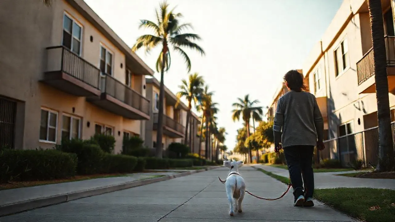 A tenant walks a small terrier past Los Angeles apartments, where pet deposit laws follow the state cap