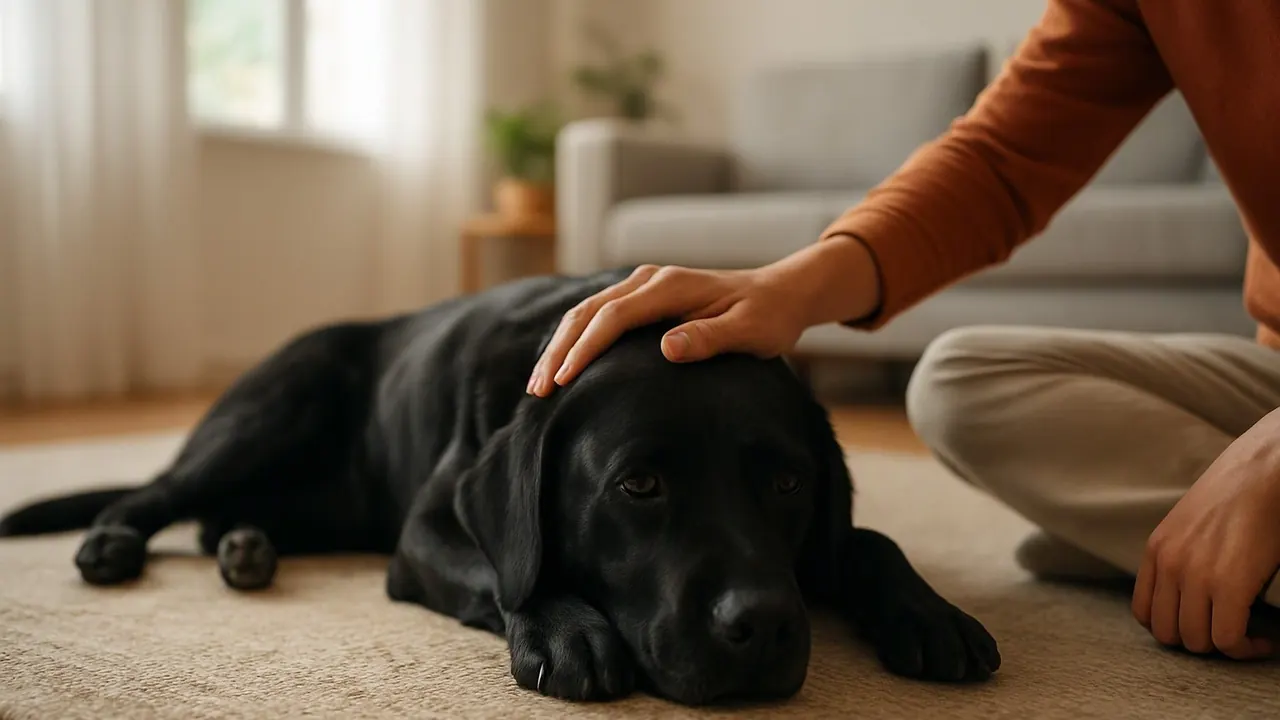 A black Labrador rests beside its owner in an apartment, illustrating pet deposit rules for an emotional support animal