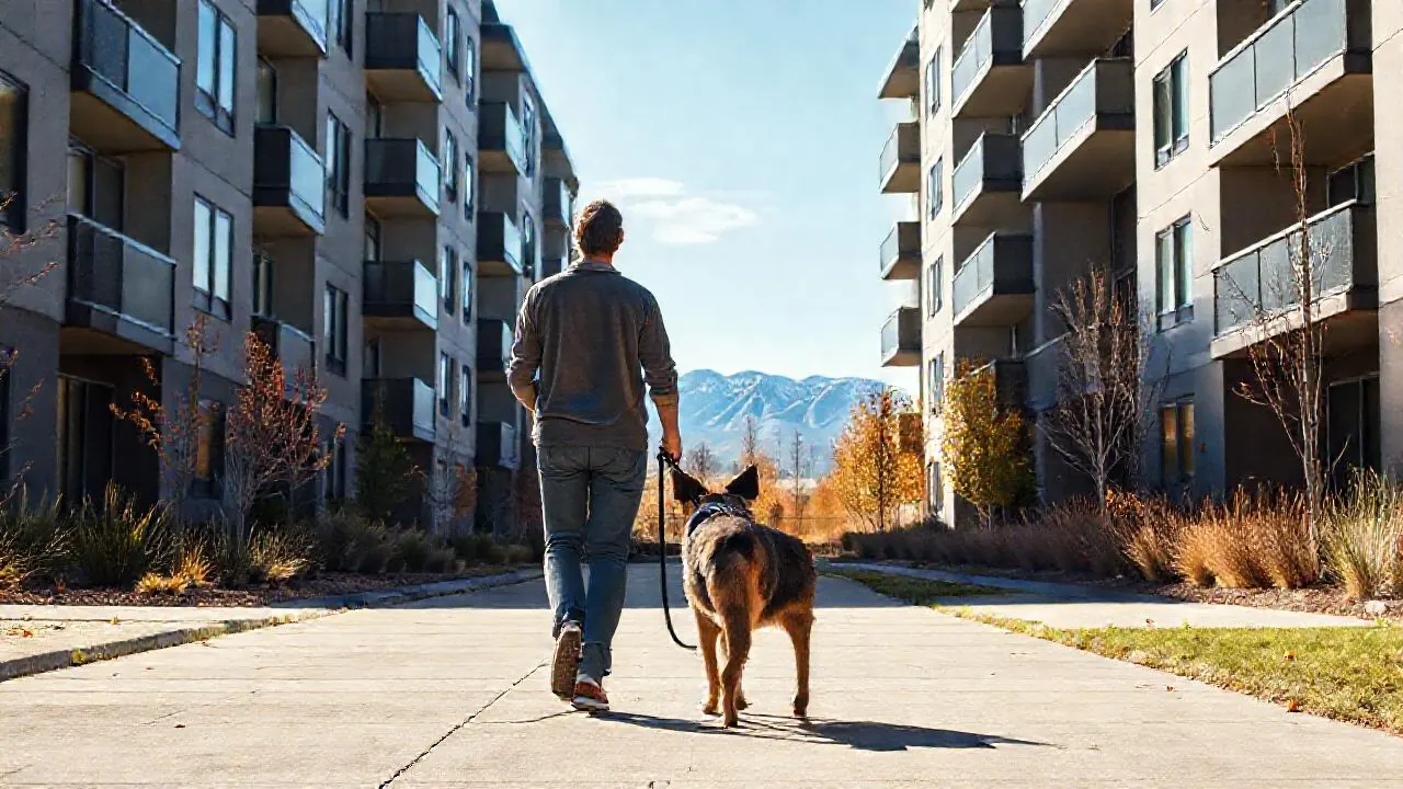 A tenant walks an Australian shepherd mix through a Denver apartment courtyard, where state law caps pet rent