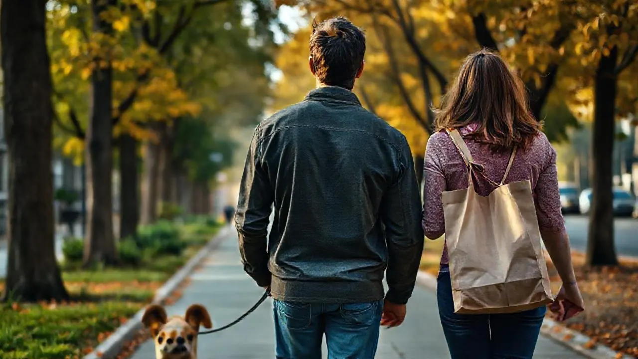 A young couple seen from behind walks a mixed-breed dog on a city sidewalk, illustrating pet spending by generation