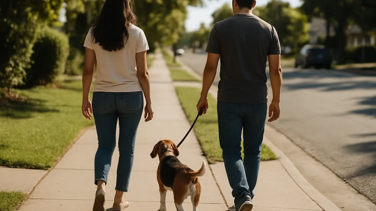 A young couple walks a beagle on a suburban sidewalk, part of the story of pet spending by generation