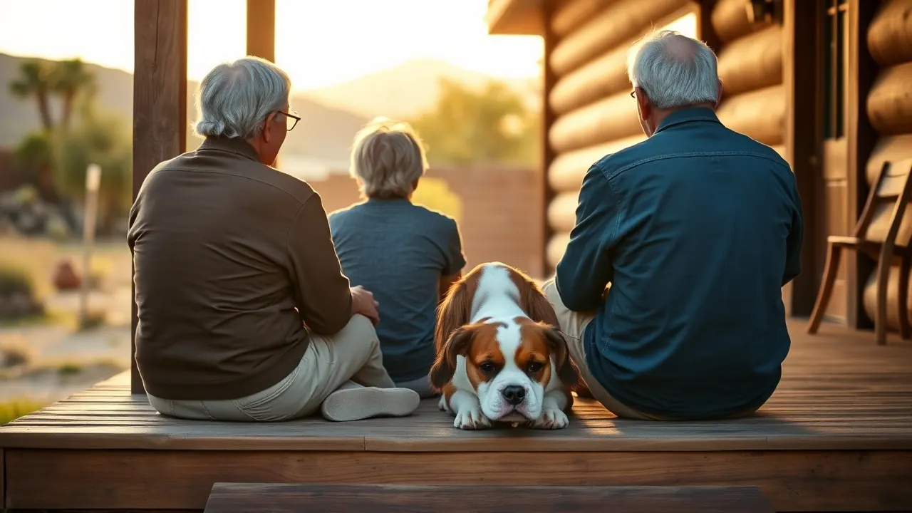 An older couple sits on porch steps with a small spaniel in Arizona, showing regional pet spending by generation