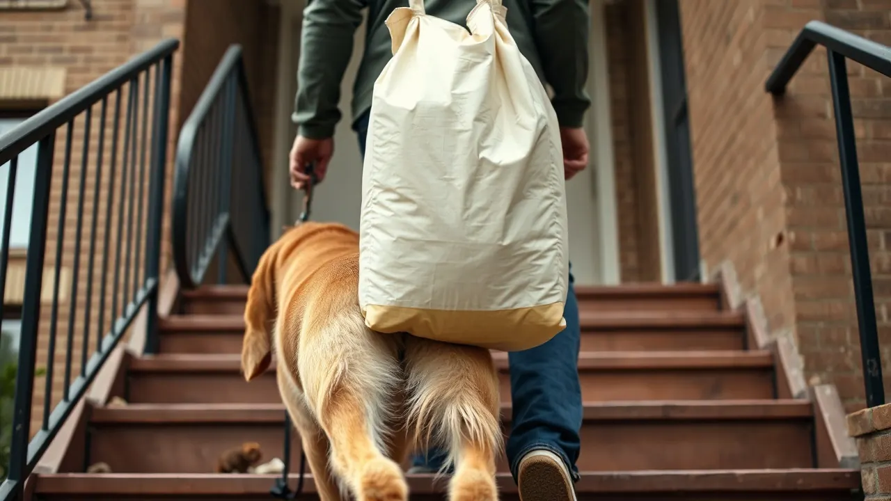 A renter carries a bag of dog food up apartment steps beside a golden retriever, showing millennial pet spending